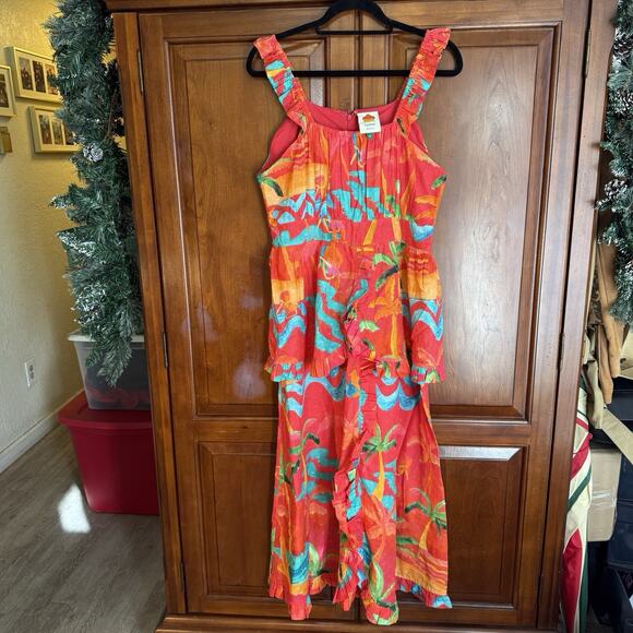 FARM Rio Midi Dress Sz Medium Red Ipanema Ruffle Sleeveless Tropical Resortwear - Picture 2 of 7
